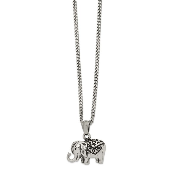 Stainless Steel Antiqued Elephant Necklace Charm Pendant 20" Curb Chain, Unisex - Picture 2 of 3